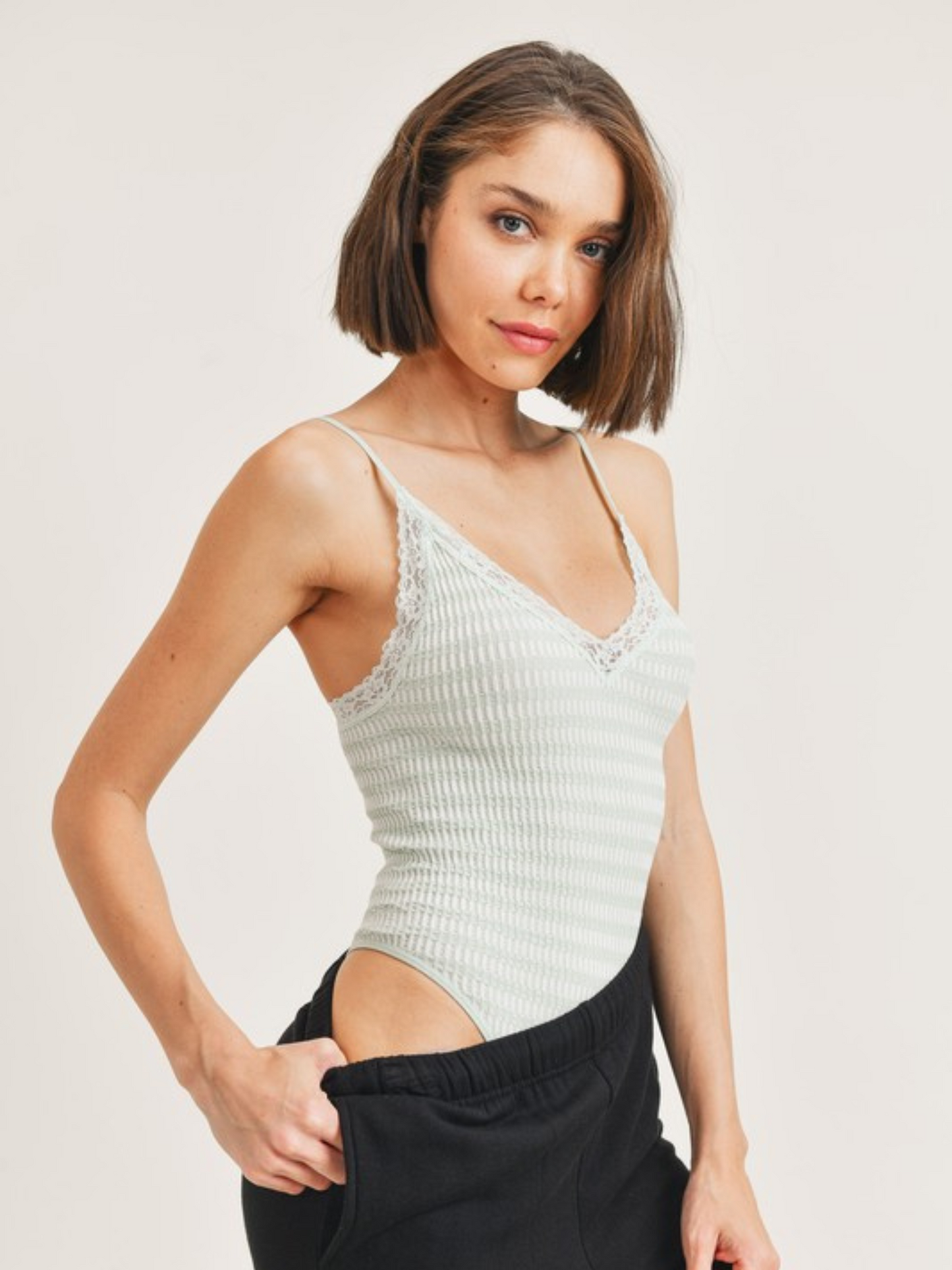 All For Me Lace Trim Bodysuit- Sage