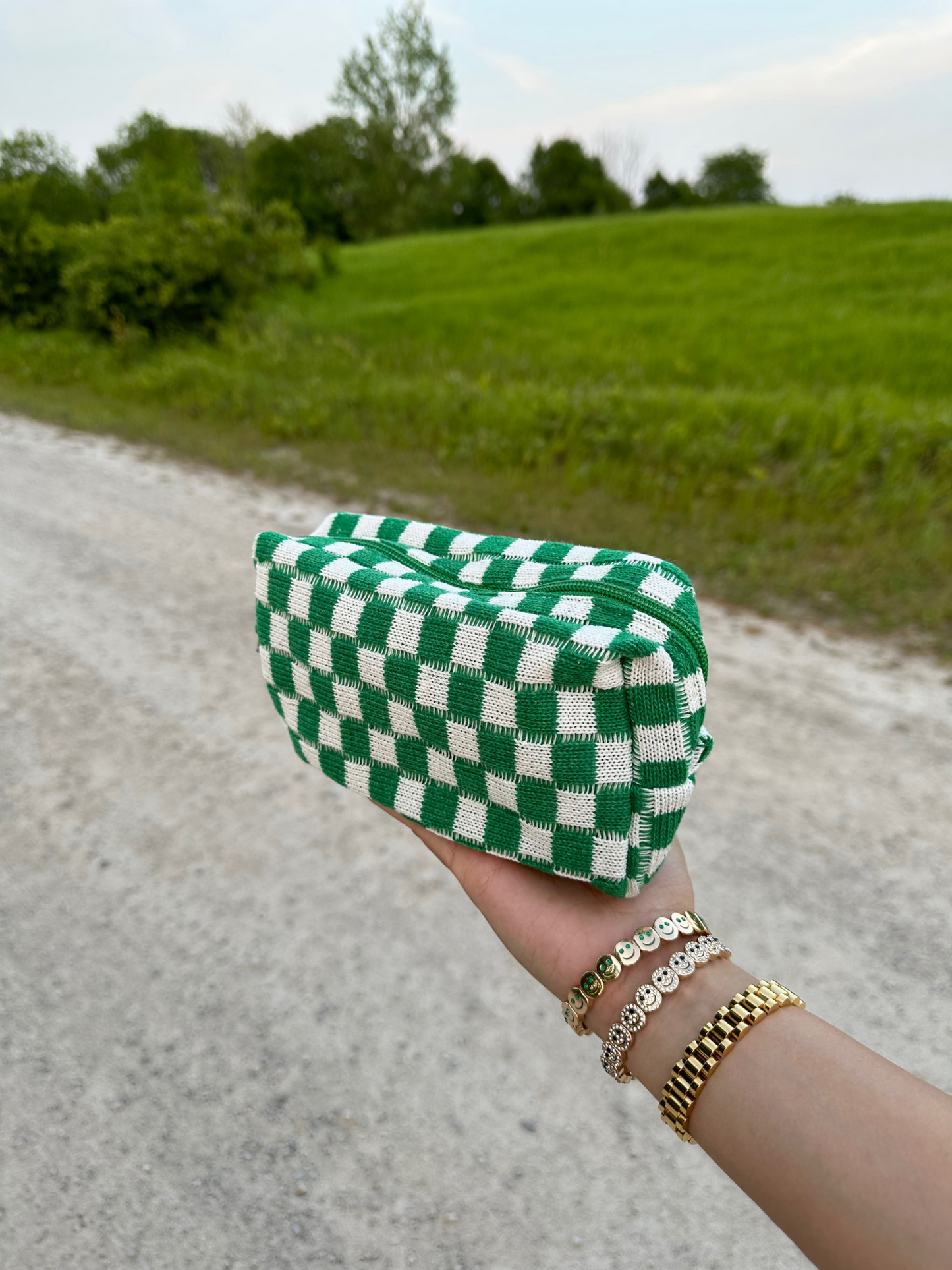 Checkered Knit Makeup Bag- Green