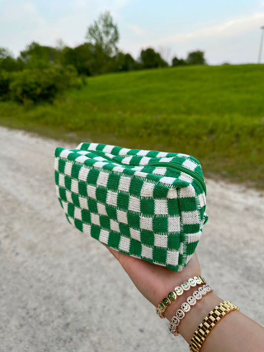 Checkered Knit Makeup Bag- Green