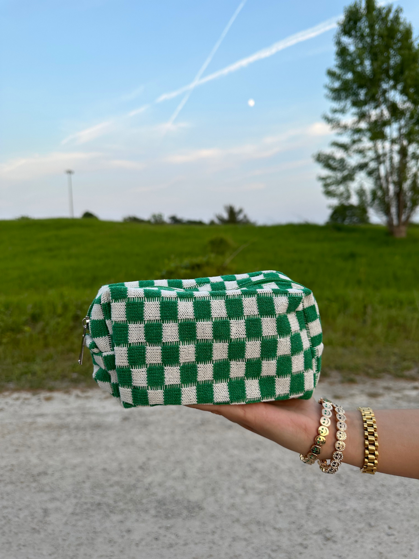 Checkered Knit Makeup Bag- Green