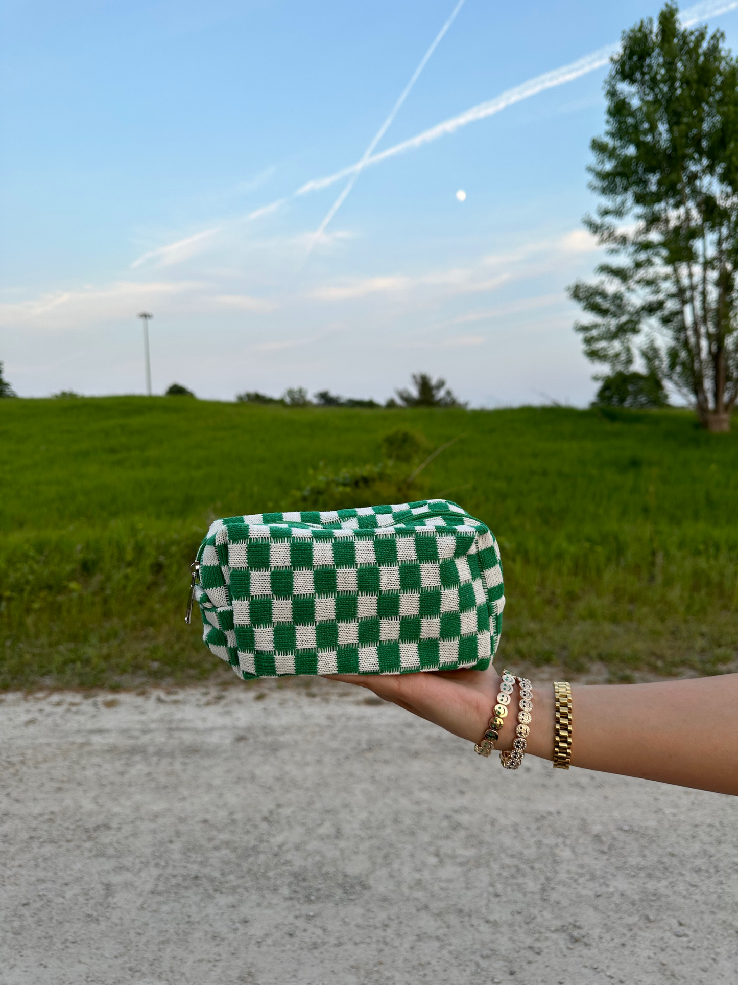 Checkered Knit Makeup Bag- Green