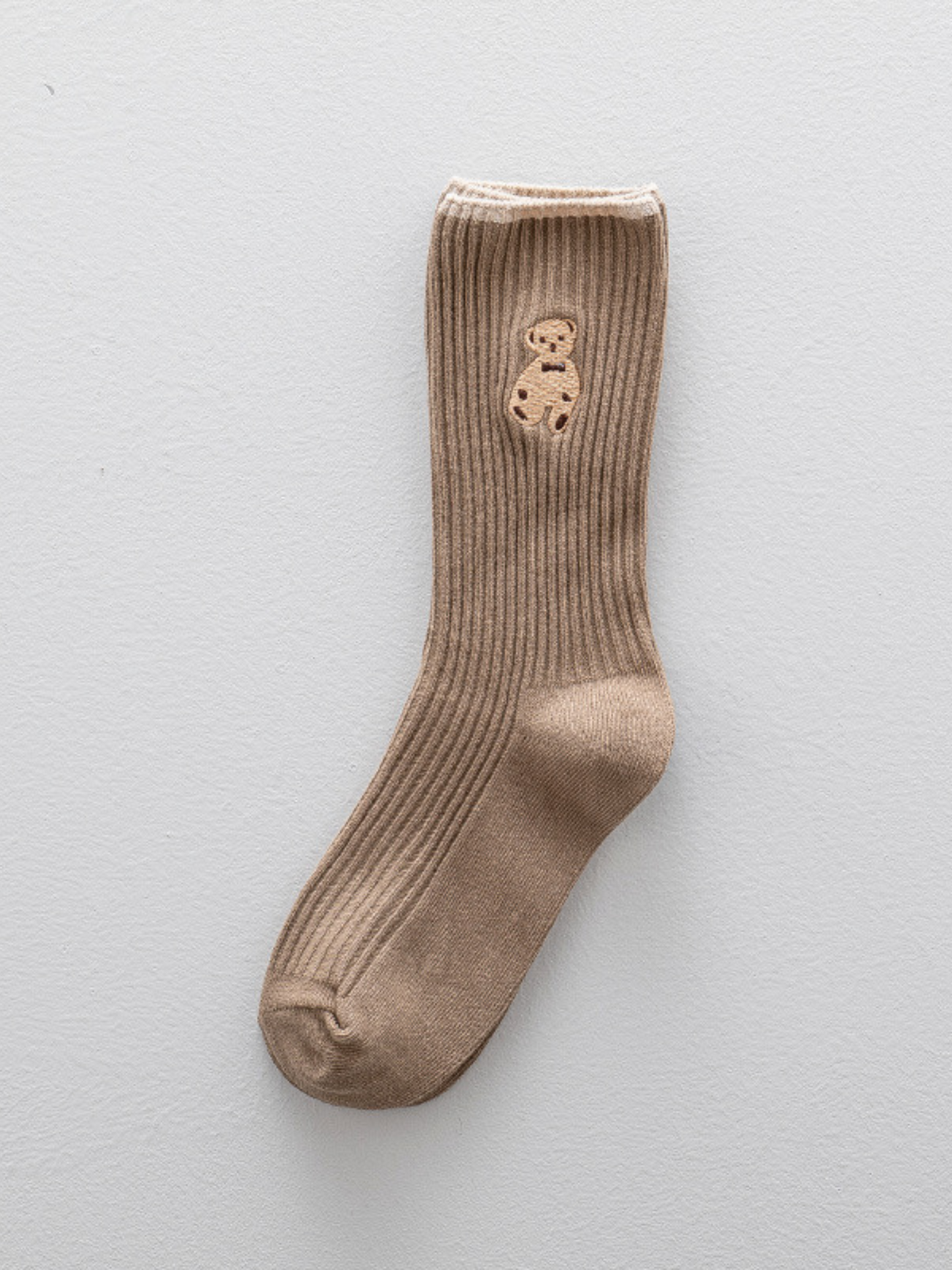 Embroidered Bear Crew Socks- Coffee