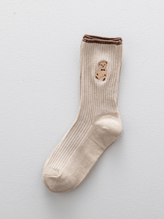 Embroidered Bear Crew Socks- Khaki